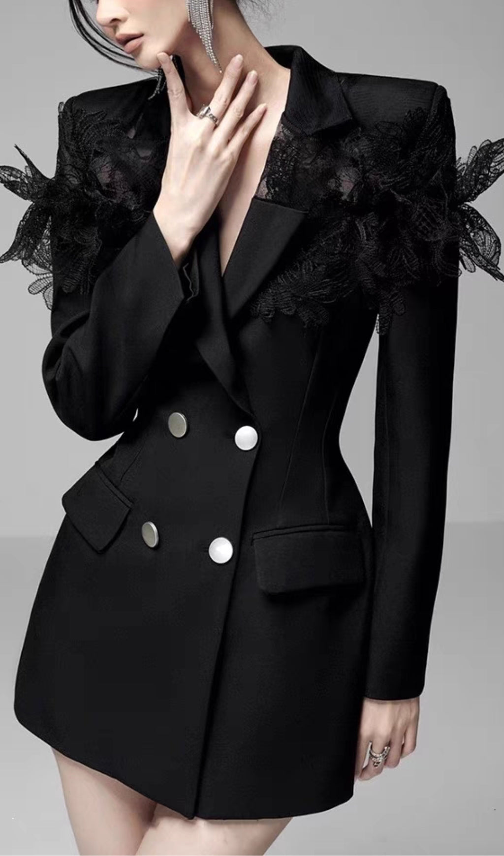 Ania Black 3D Embroidered Suit Dress