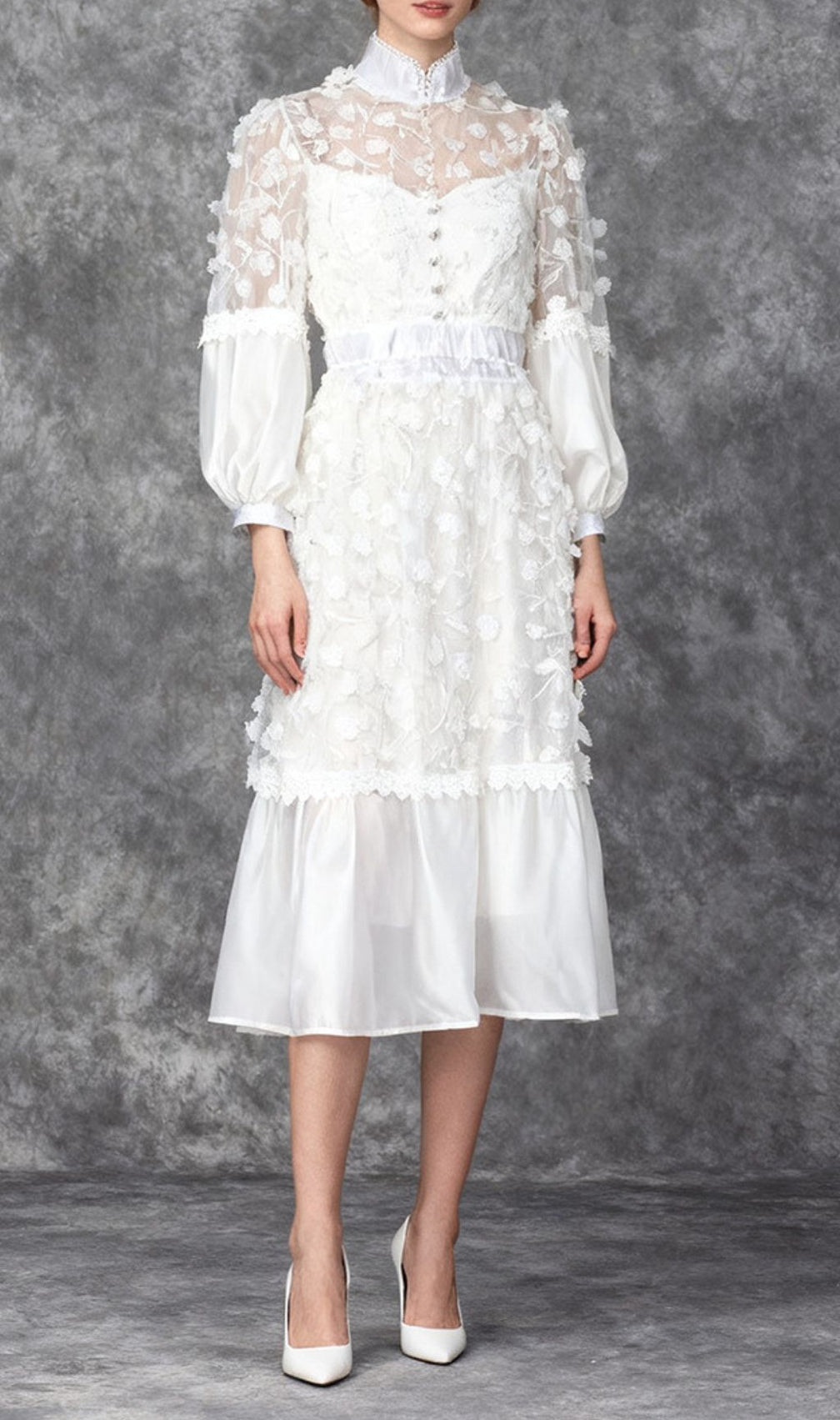 Itzayana Romantic White Floral Lace Embellished Midi Dress with Puffed Sleeves