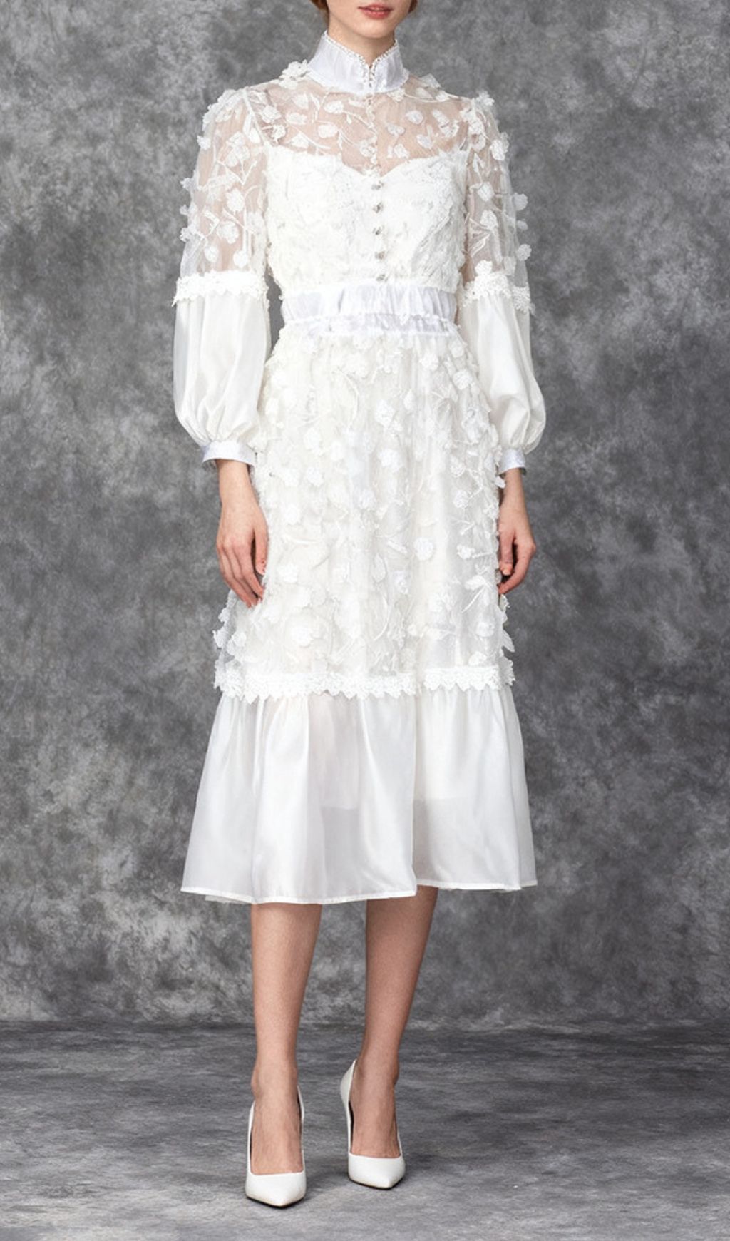 Itzayana Romantic White Floral Lace Embellished Midi Dress with Puffed Sleeves