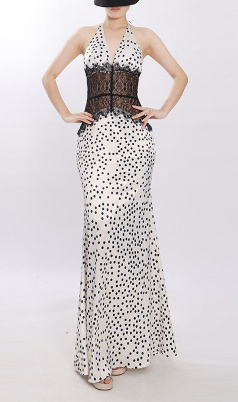 Jezziel Chic Polka Dot & Lace Halter Maxi Dress - Elegant Women's Gown