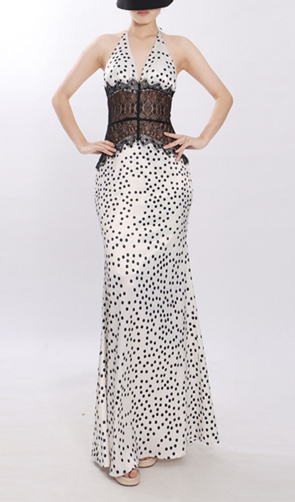Jezziel Chic Polka Dot & Lace Halter Maxi Dress - Elegant Women's Gown