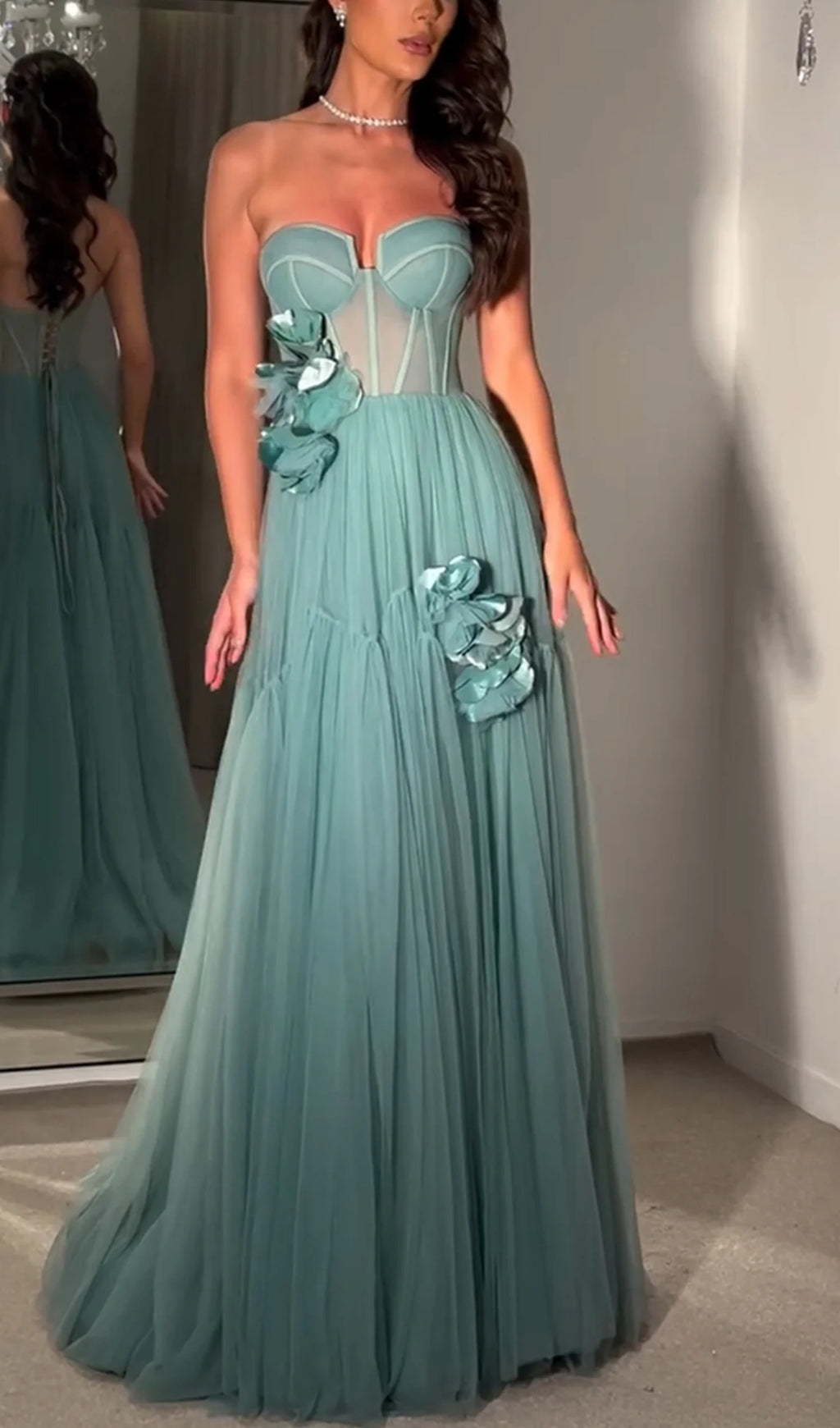 Blanca Blue Strapless Flower Corset Maxi Dress