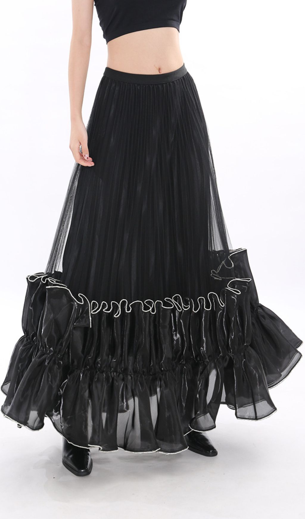 Jettie Black Sheer Mesh Maxi Skirt with Dramatic Ruffles