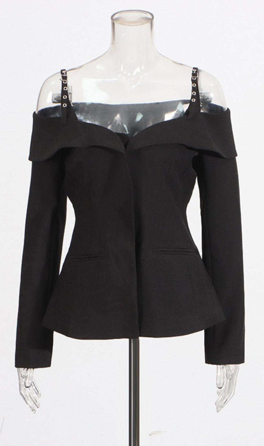 Idalee Black Off-Shoulder Blazer - Chic Tailored Jacket with Grommet Straps