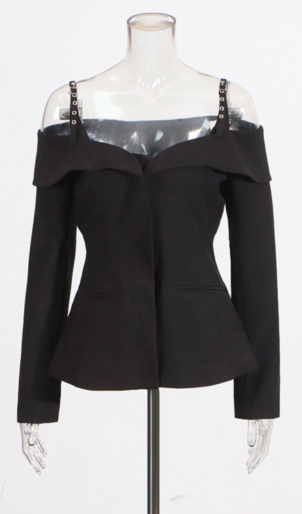 Idalee Black Off-Shoulder Blazer - Chic Tailored Jacket with Grommet Straps