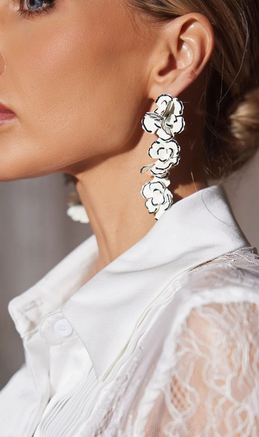 Ailill Black & White Flower Dangle Earrings - Elegant Floral Statement Drops