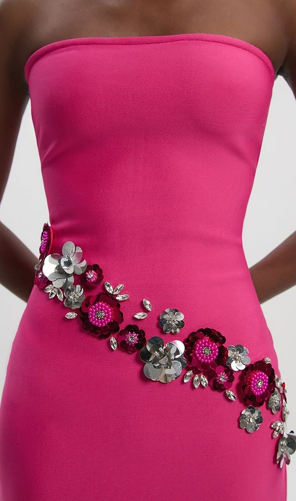 Fuchsia Pink Strapless Floral Sequin Bandage Maxi Gown