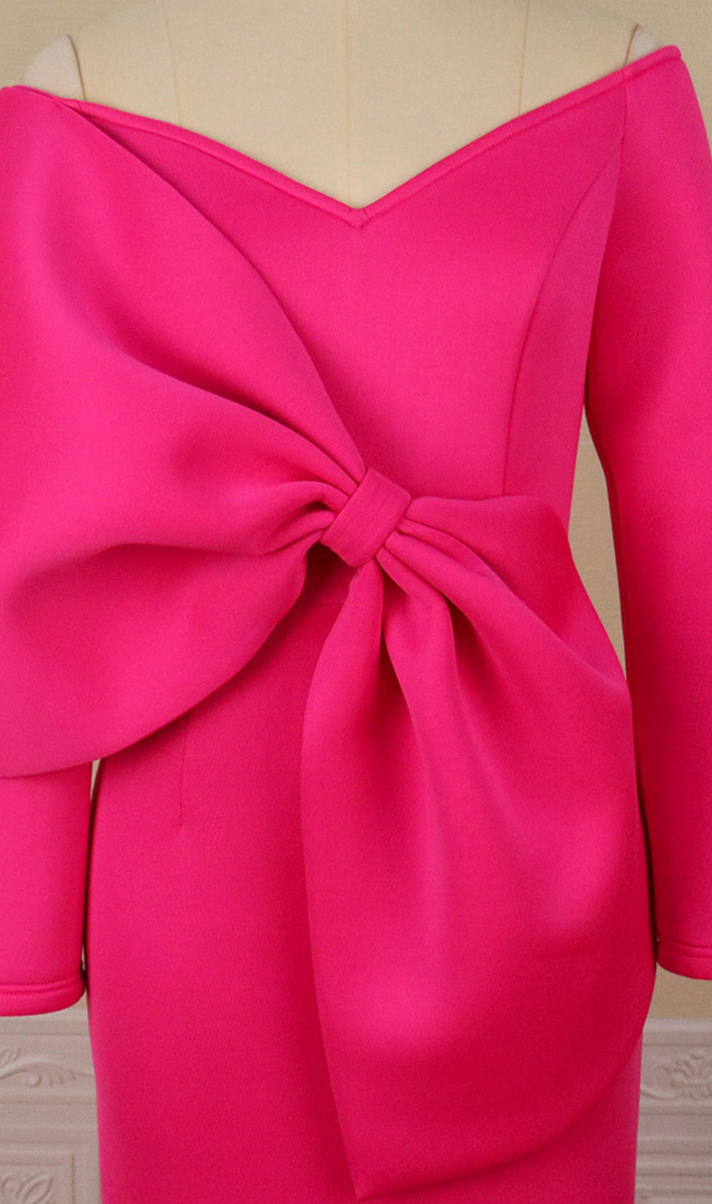 Batan Pink Bow Long Sleeve Midi Dress