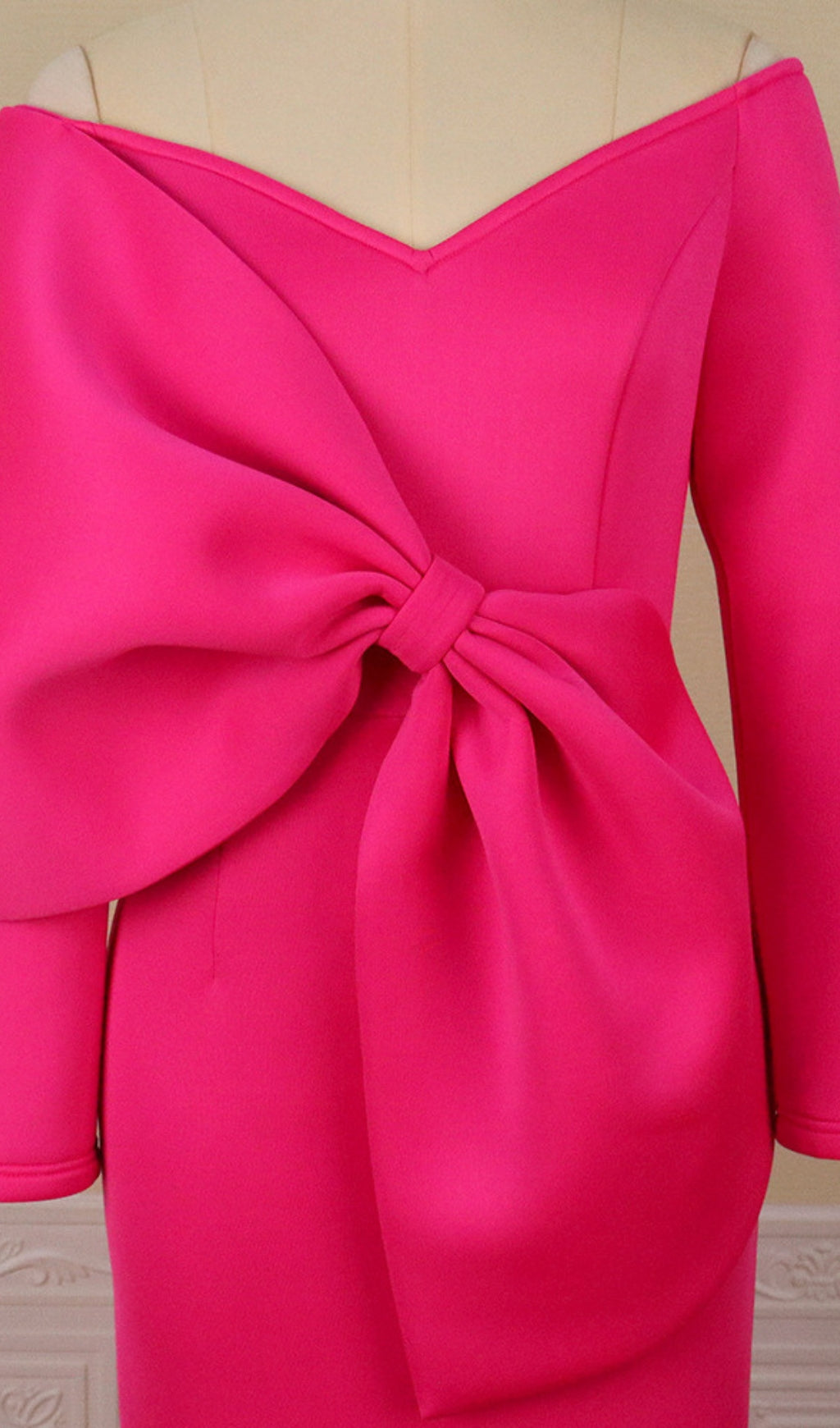 Batan Pink Bow Long Sleeve Midi Dress