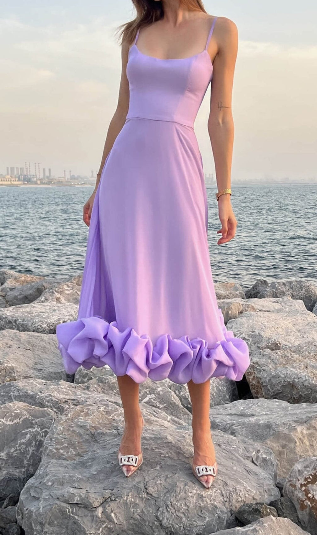 Suspender A-Line Midi Dress In Purple