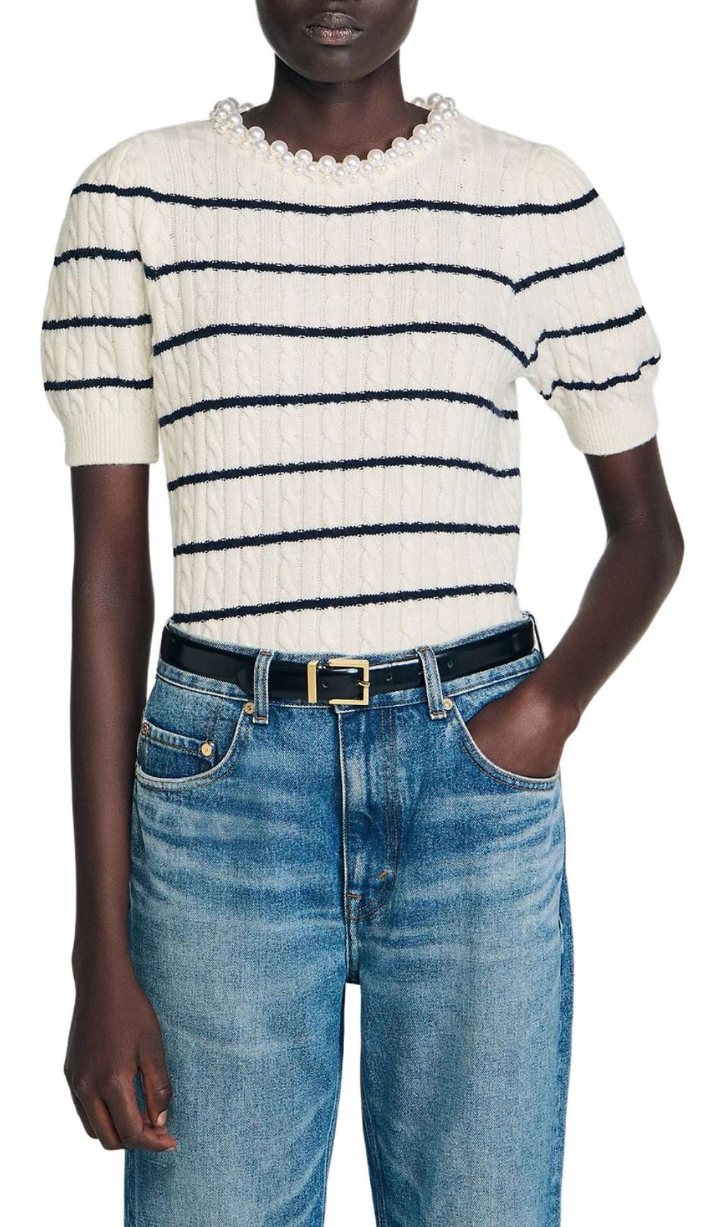 Chic Faux Pearl Collar Striped Cable Knit Sweater - Women's Short Sleeve Top