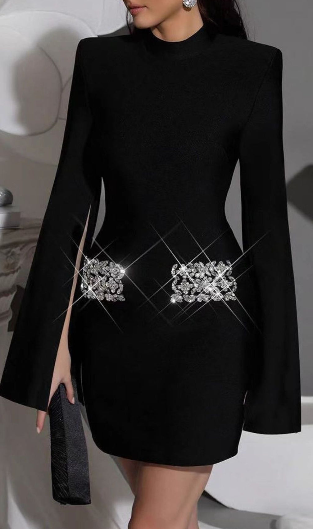 Irida Glamorous Black Diamante Flared Sleeve Mini Dress