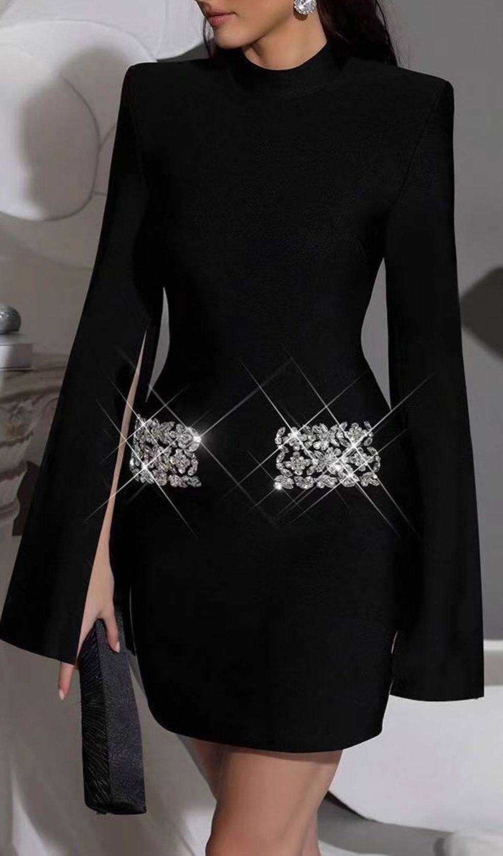 Irida Glamorous Black Diamante Flared Sleeve Mini Dress