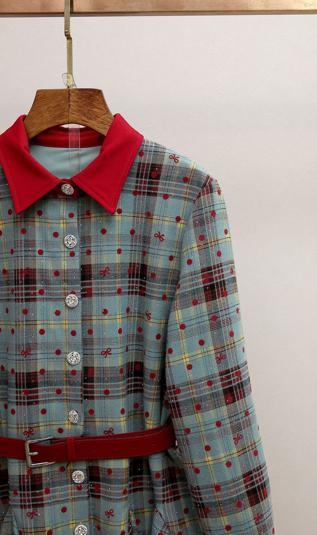 Humla Plaid Bow Mini Dress with Red Collar & Belt - Festive Chic for Women