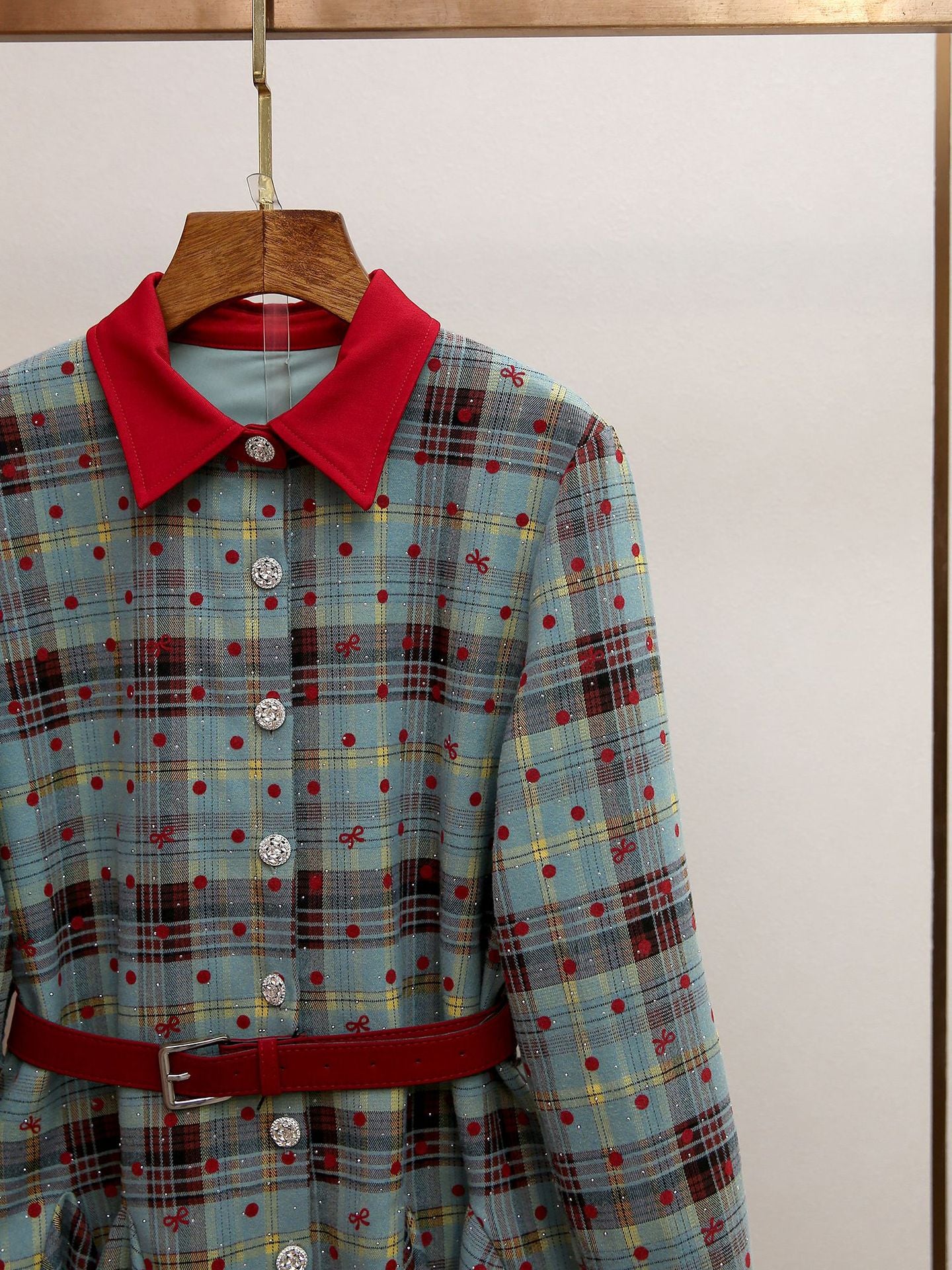 Humla Plaid Bow Mini Dress with Red Collar & Belt - Festive Chic for Women