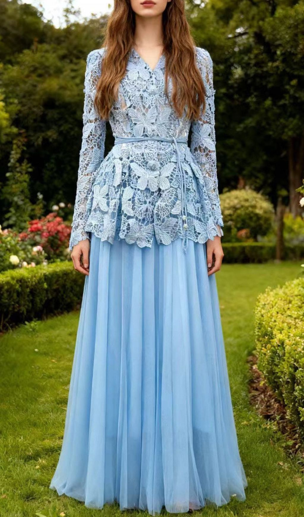 Enchanting Butterfly Lace Long Sleeve Two-Piece Maxi Gown Set