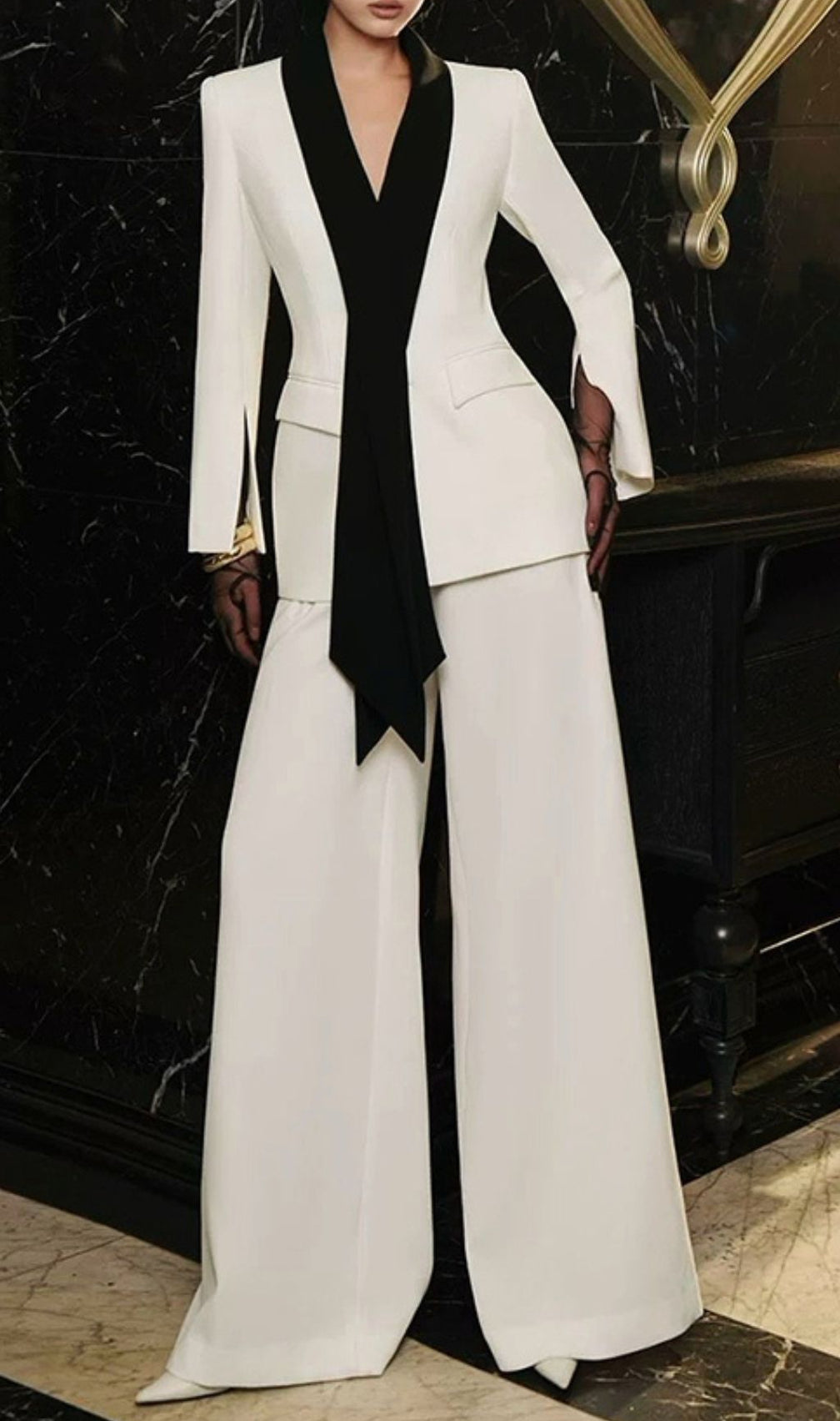 Himeko Luxe White Tuxedo Pantsuit | Elegant Blazer & Wide-Leg Trousers
