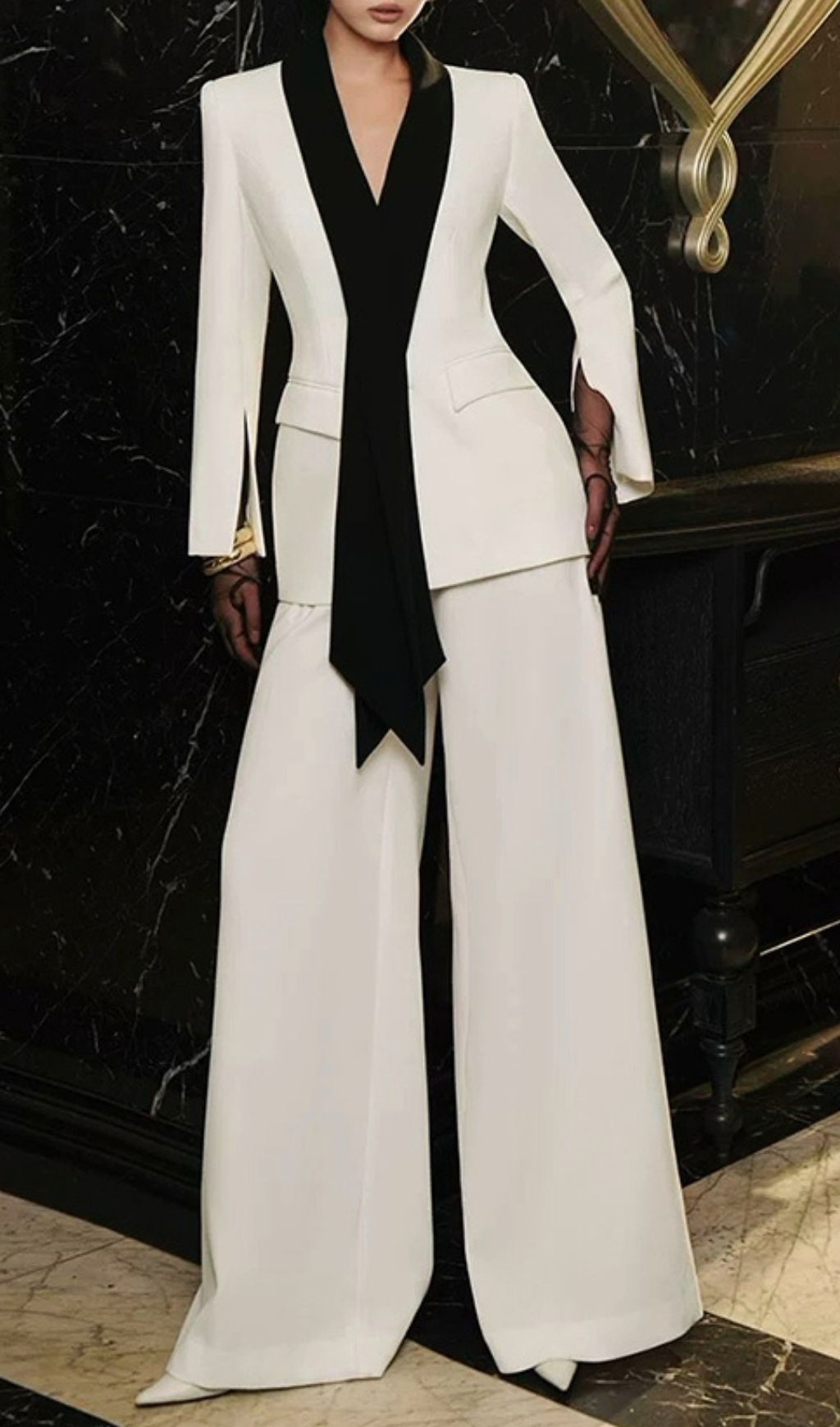 Himeko Luxe White Tuxedo Pantsuit | Elegant Blazer & Wide-Leg Trousers