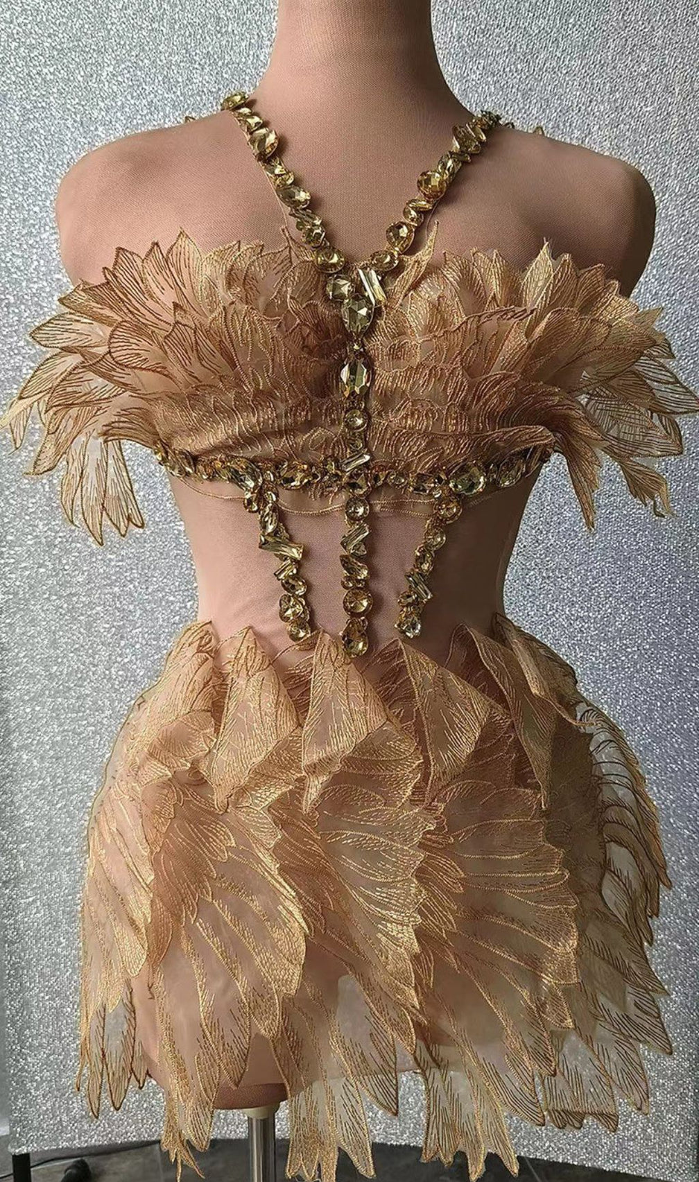 Jazlyn Gold Halter Rhinestone Mini Dress - Dazzling Glamour Party & Clubwear