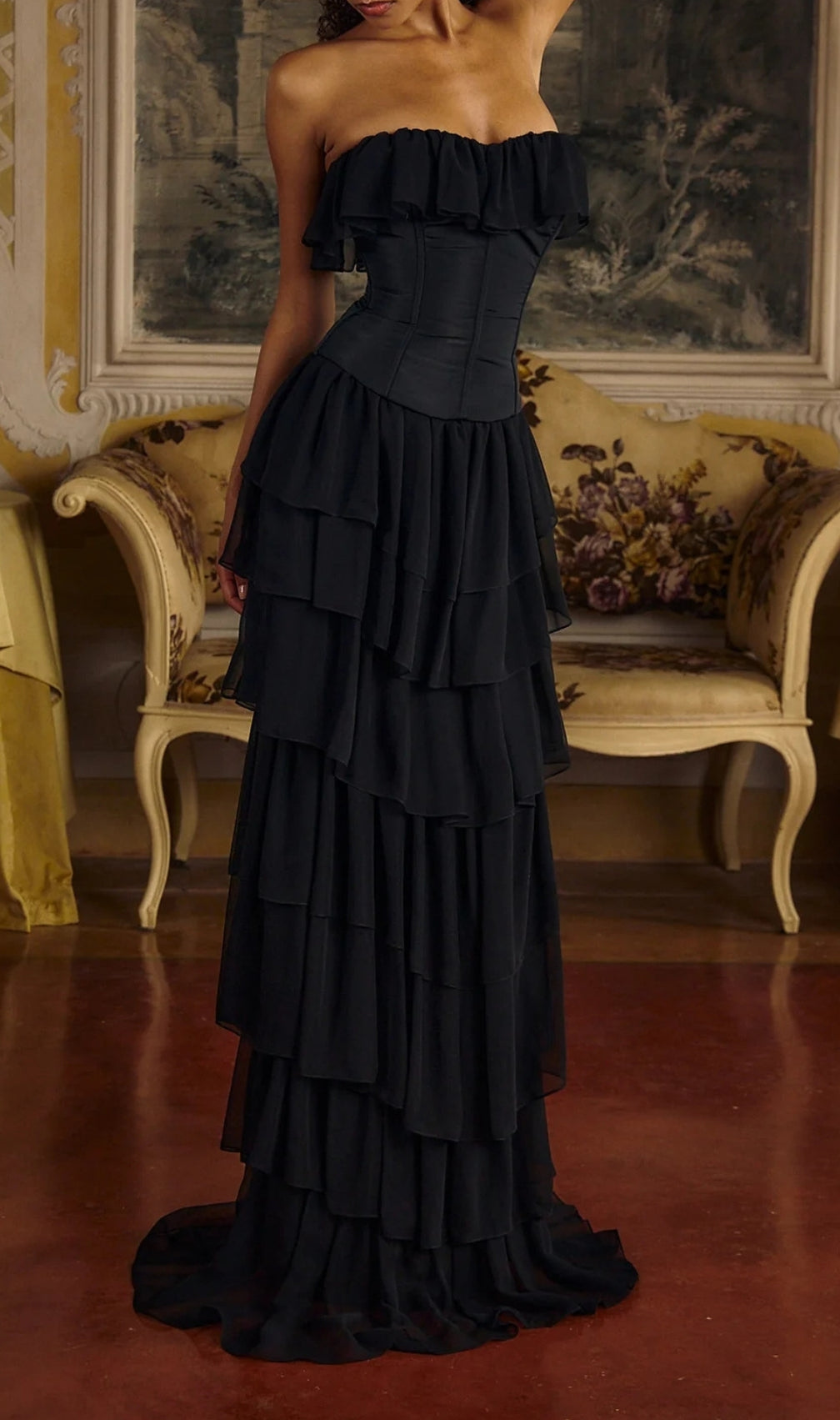 Angelie Black Ruffle Corset Maxi Dress