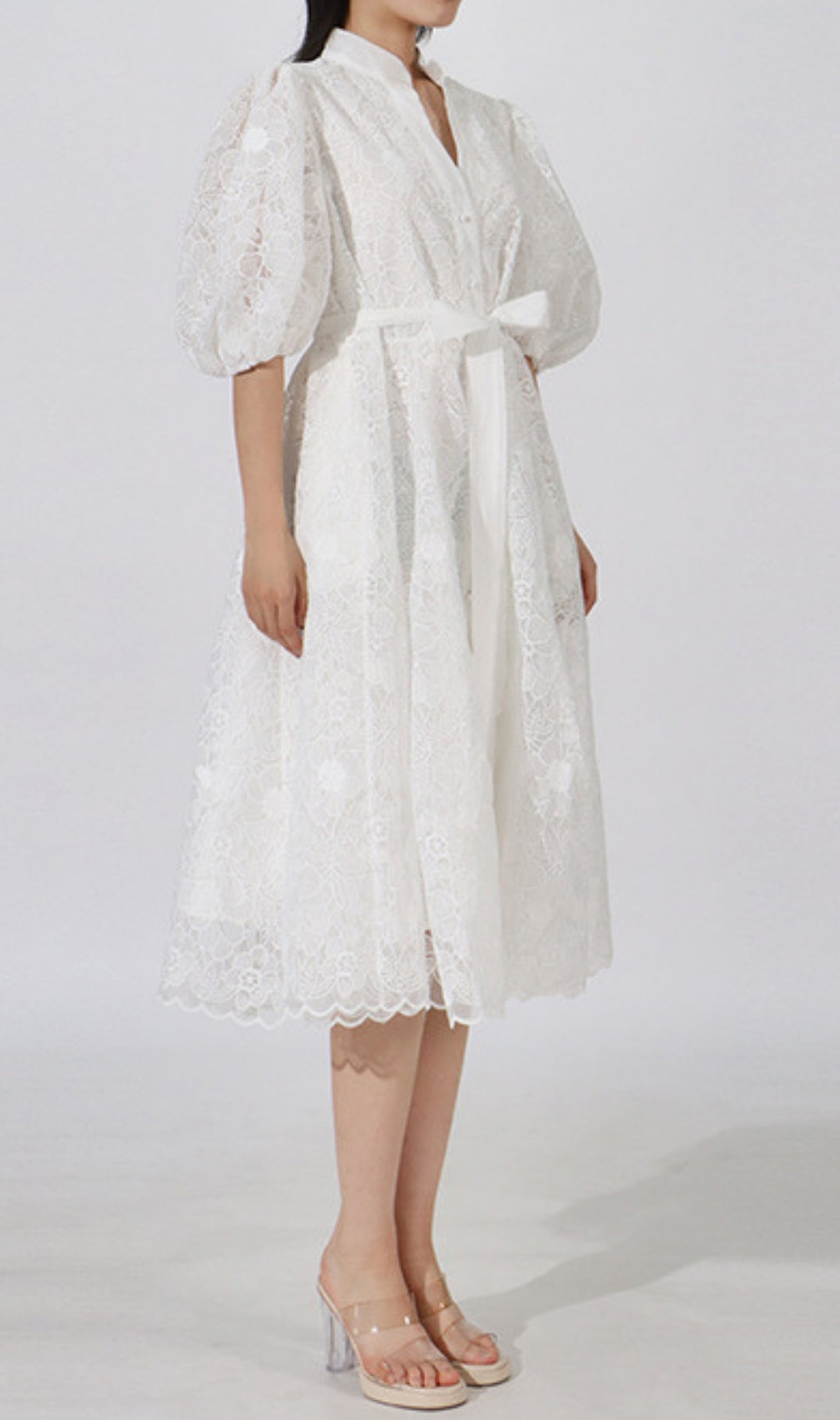 Emeril Puff-Sleeve Embroidery Midi Dress