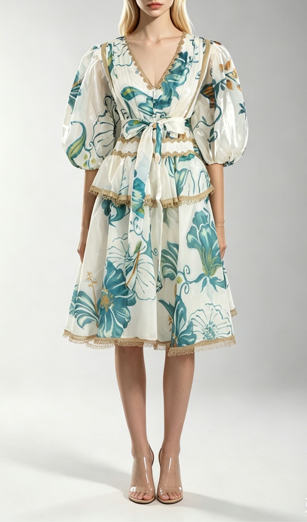 Kirra Blue V-Neck  Printed Puff Sleeve Midi Dress