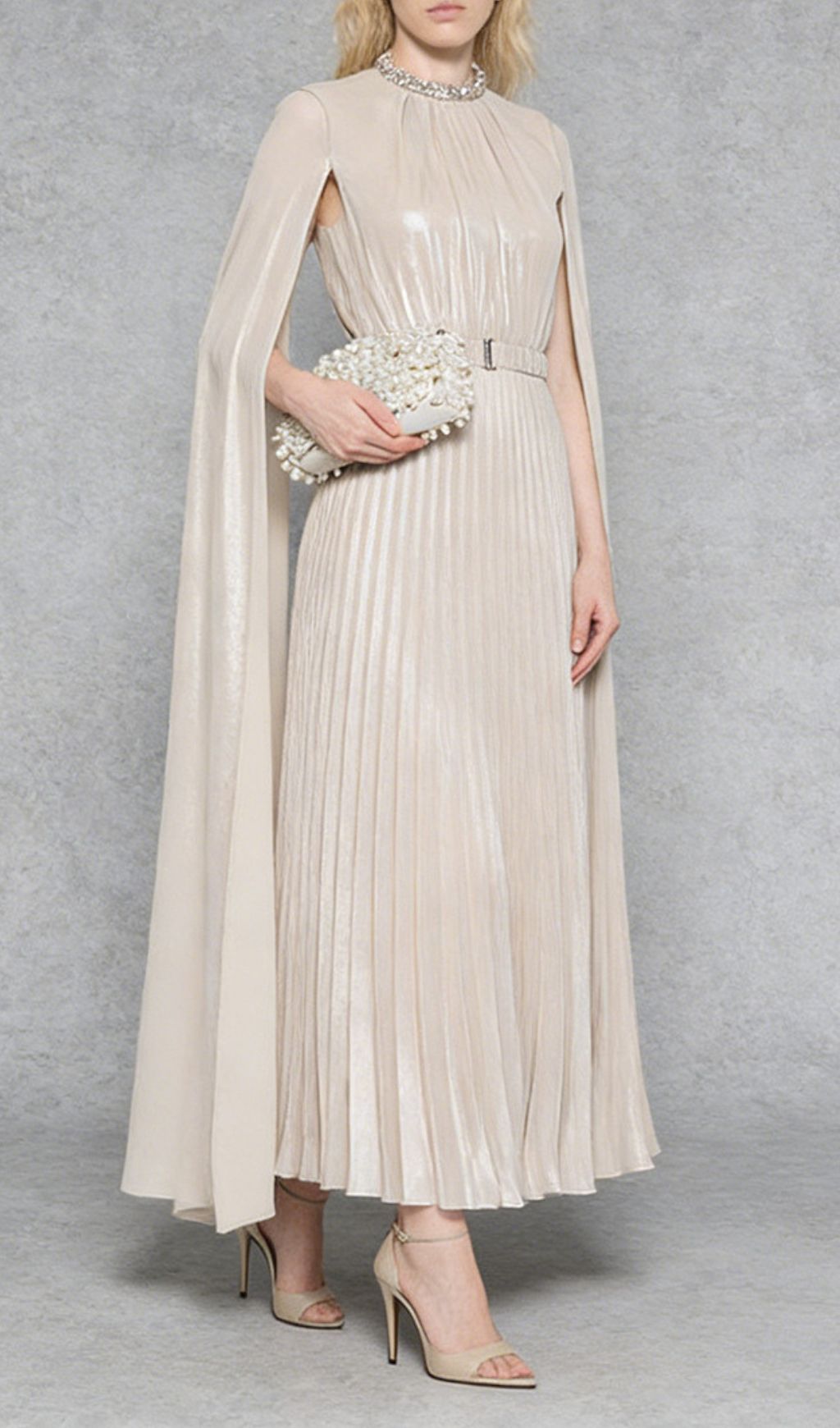 Kacia Opulent Gold Pleated Maxi Gown - Embellished High Neck & Flowing Cape Sleeves