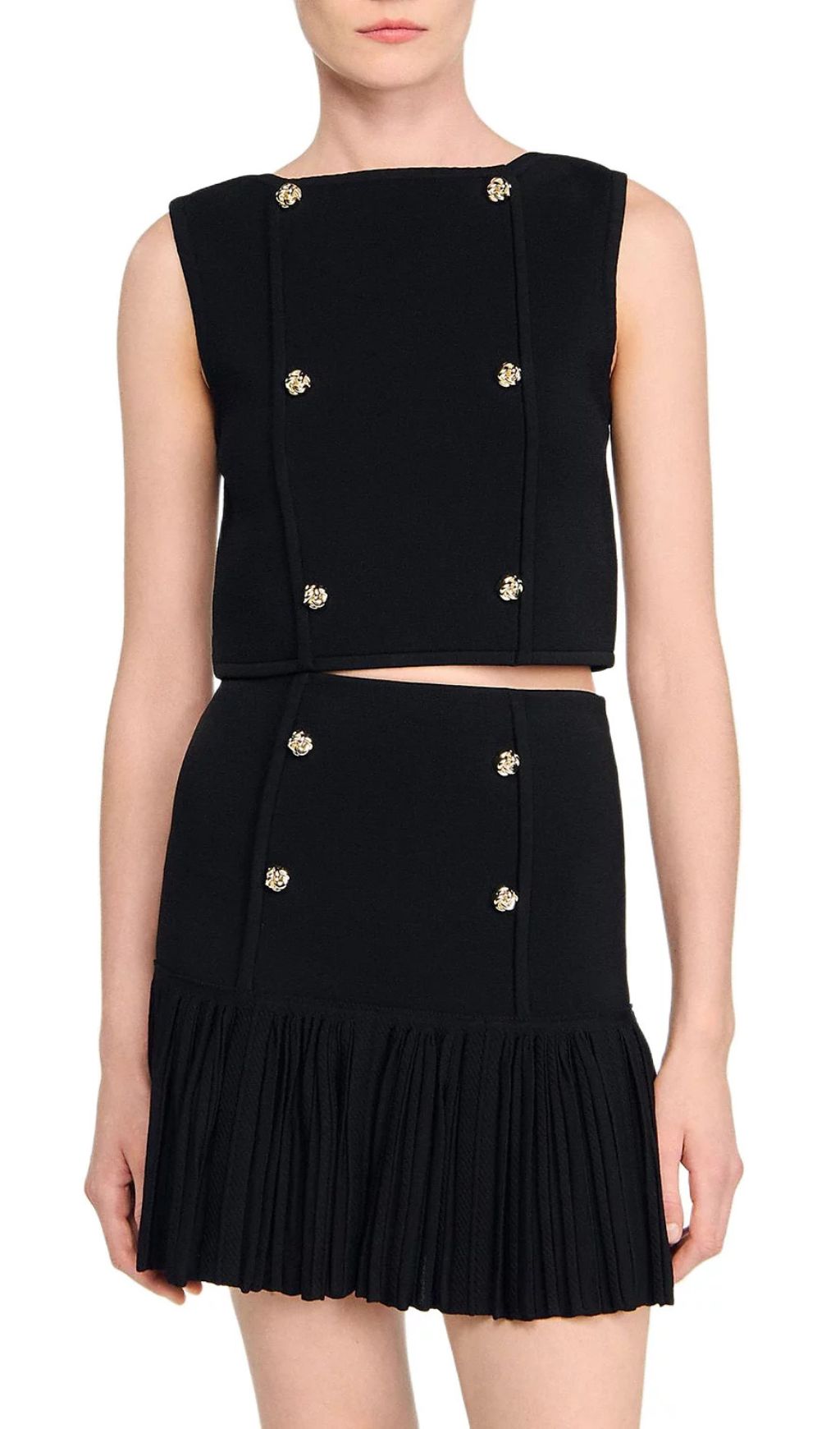 Chic Black Double-Breasted Crop Top with Gold Buttons