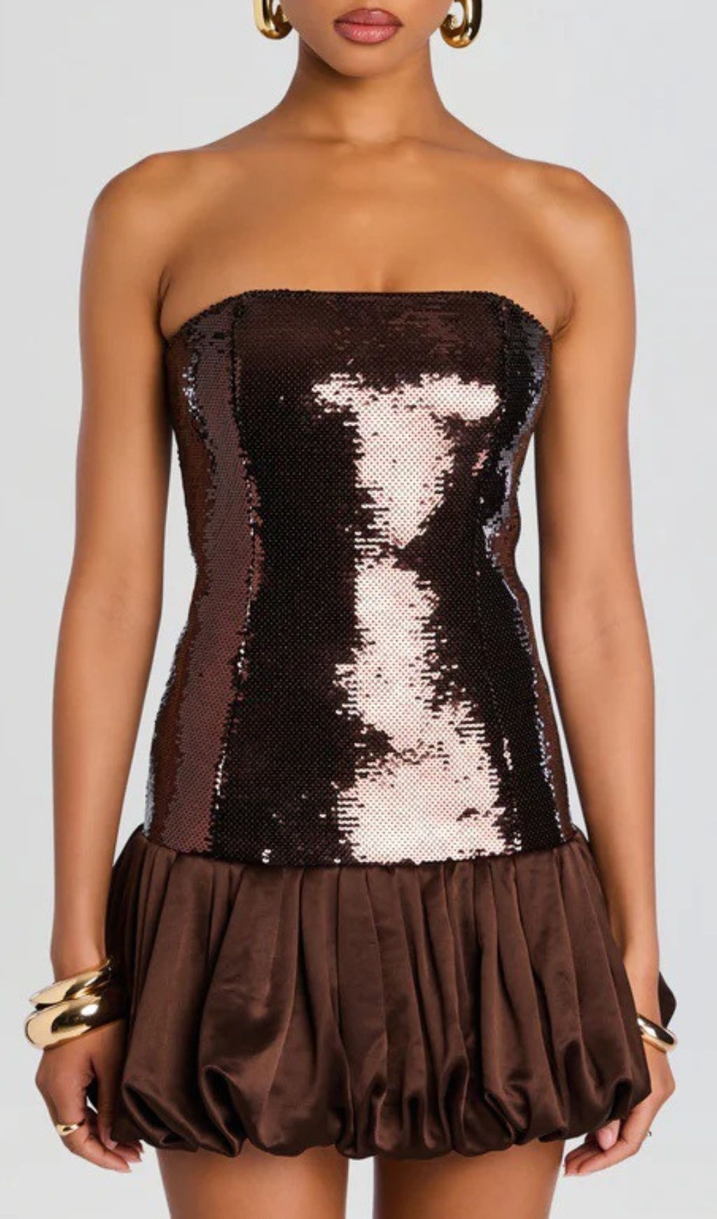 Irén Dazzling Bronze Sequin Strapless Bubble Mini Dress - Perfect for Parties & Cocktails
