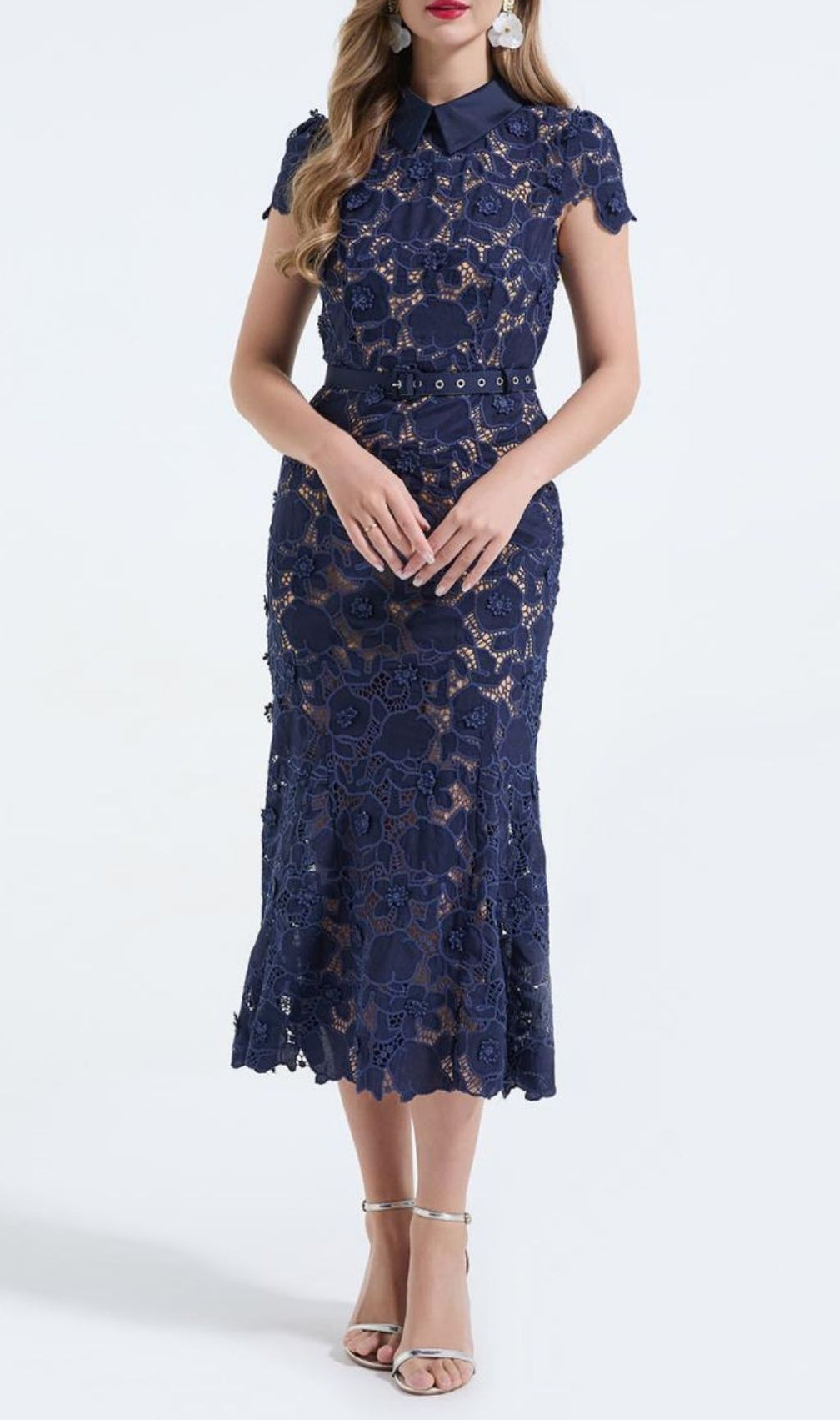 Kennita Elegant Navy Lace Midi Dress | Chic Floral Occasion Wear