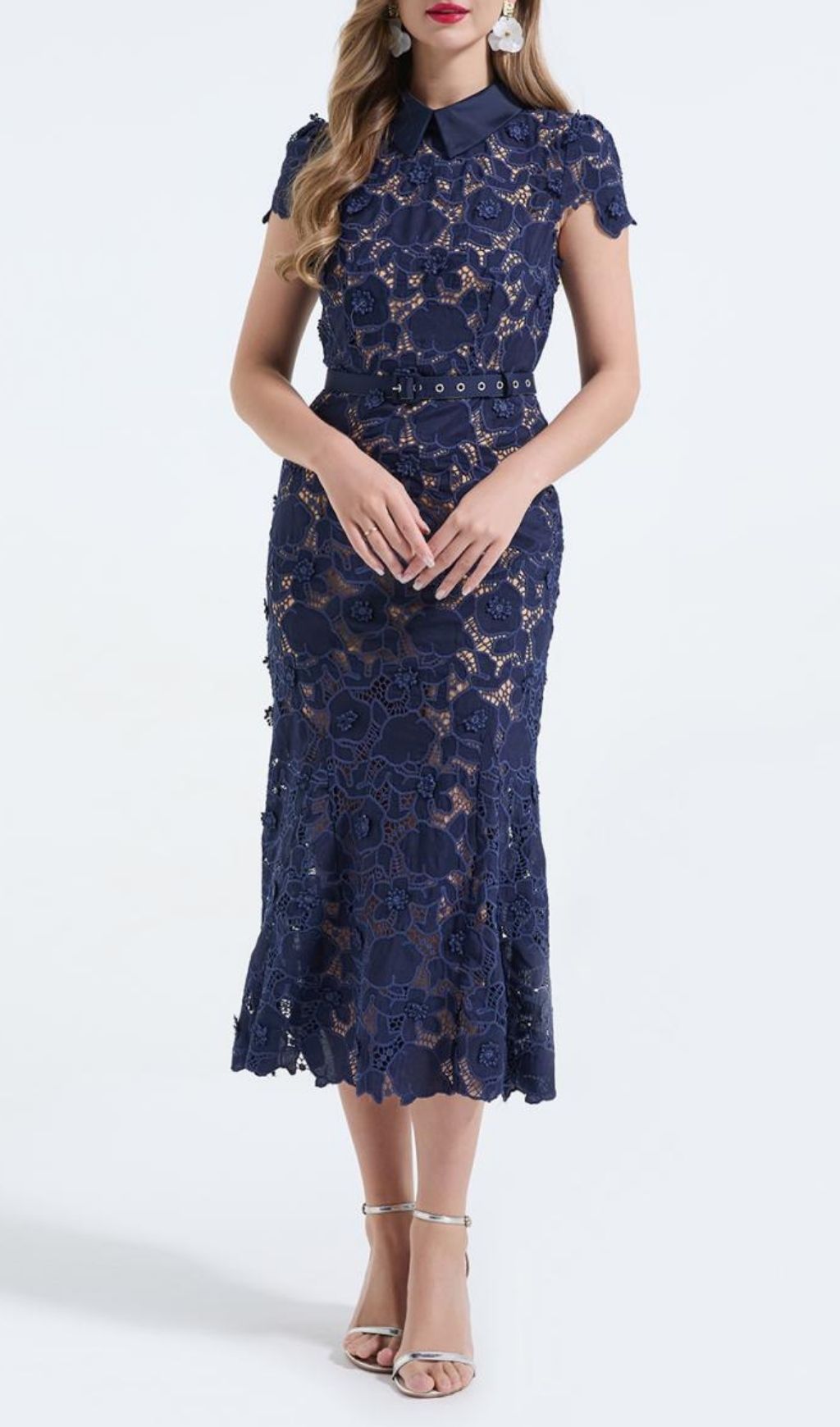 Kennita Elegant Navy Lace Midi Dress | Chic Floral Occasion Wear