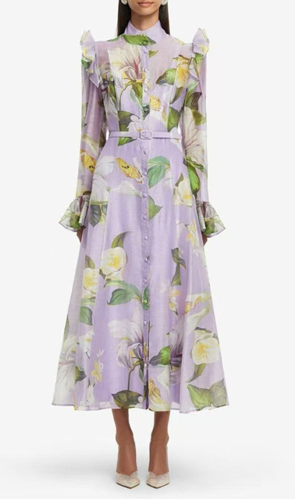 Isolda Lavender Floral Ruffled Midi Dress – Elegant Long Sleeve Button-Down