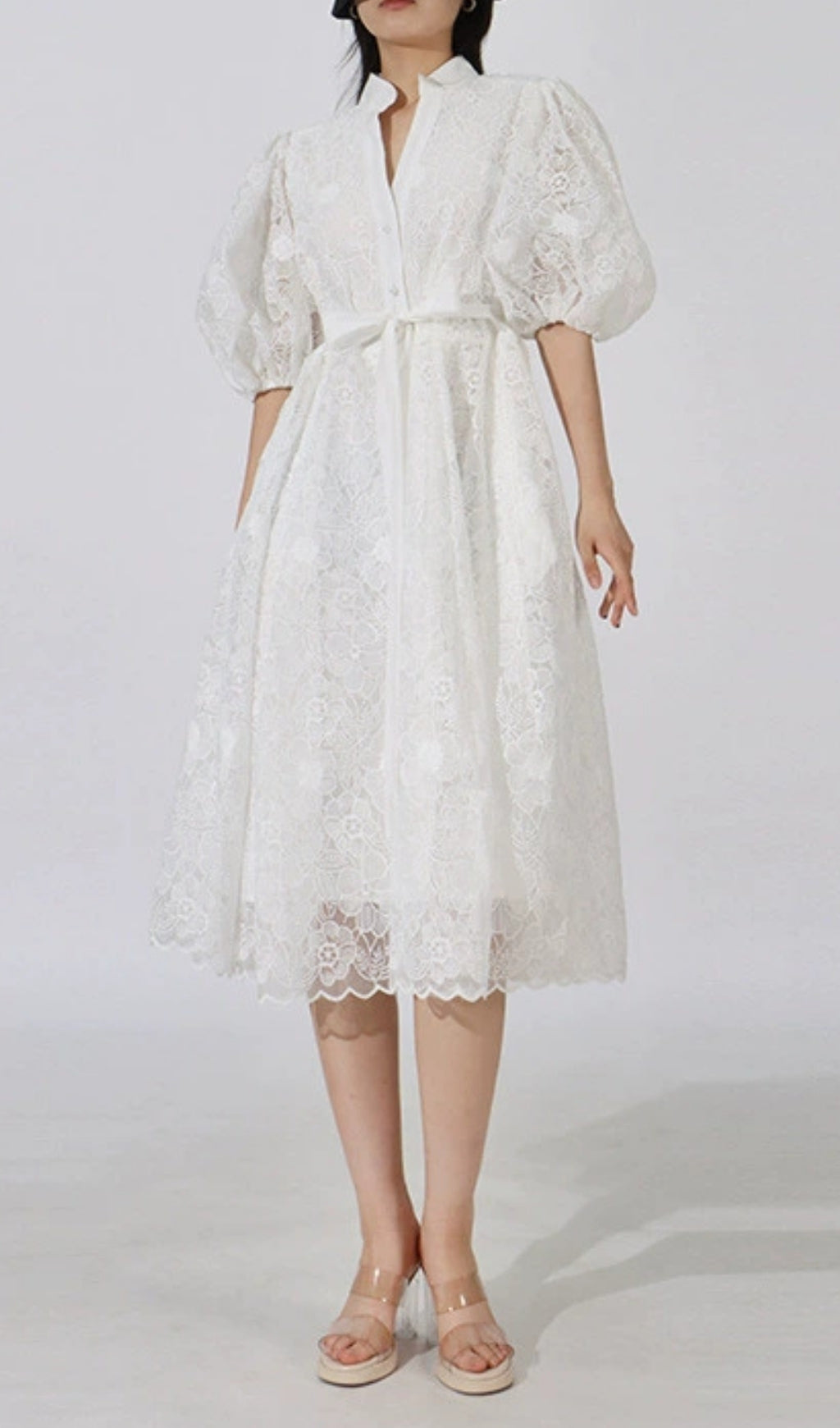 Emeril Puff-Sleeve Embroidery Midi Dress