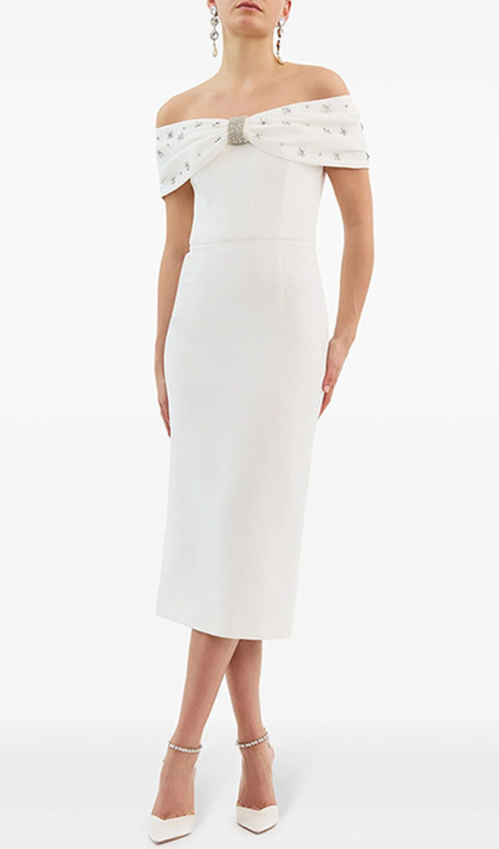  White Crystal Bardot Midi Dress