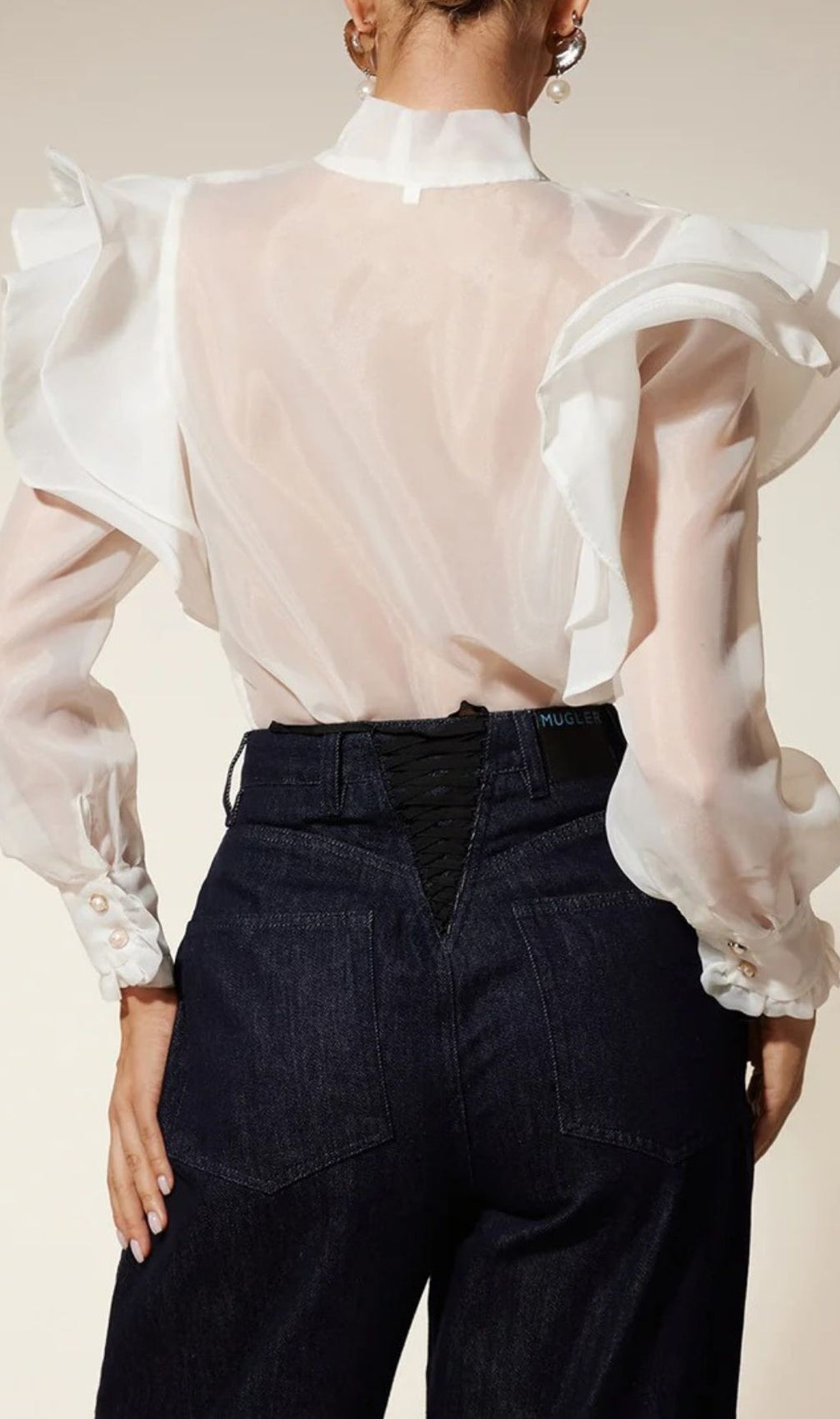 Chic Eiko Women's Sheer Organza Bow Ruffle Blouse