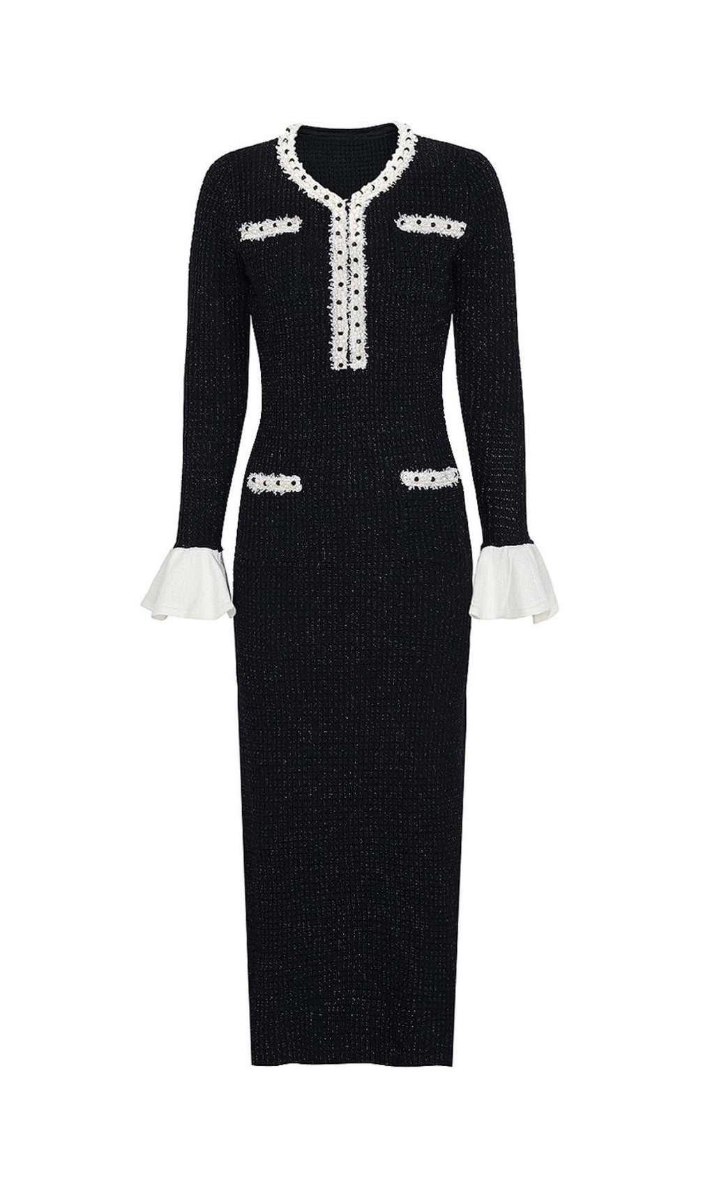 Kaula Sparkling Black Beaded Knit Midi Dress | Elegant Long Sleeve with Ruffle Cuffs