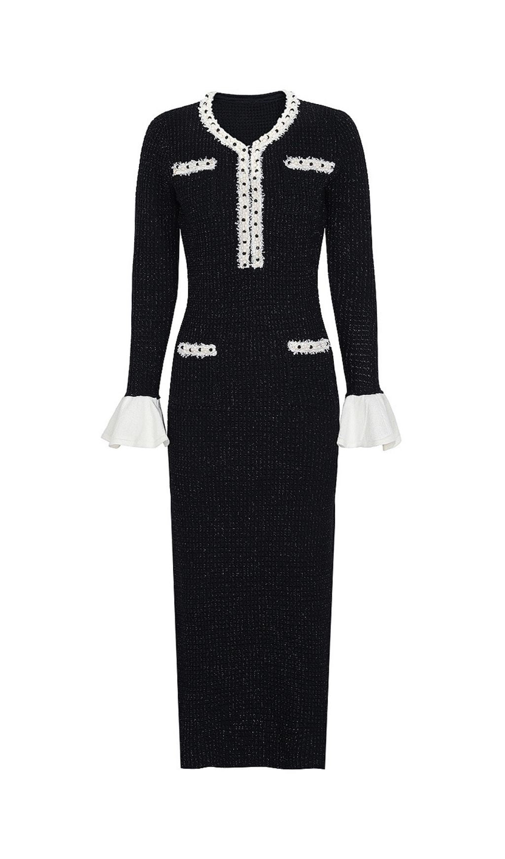 Kaula Sparkling Black Beaded Knit Midi Dress | Elegant Long Sleeve with Ruffle Cuffs
