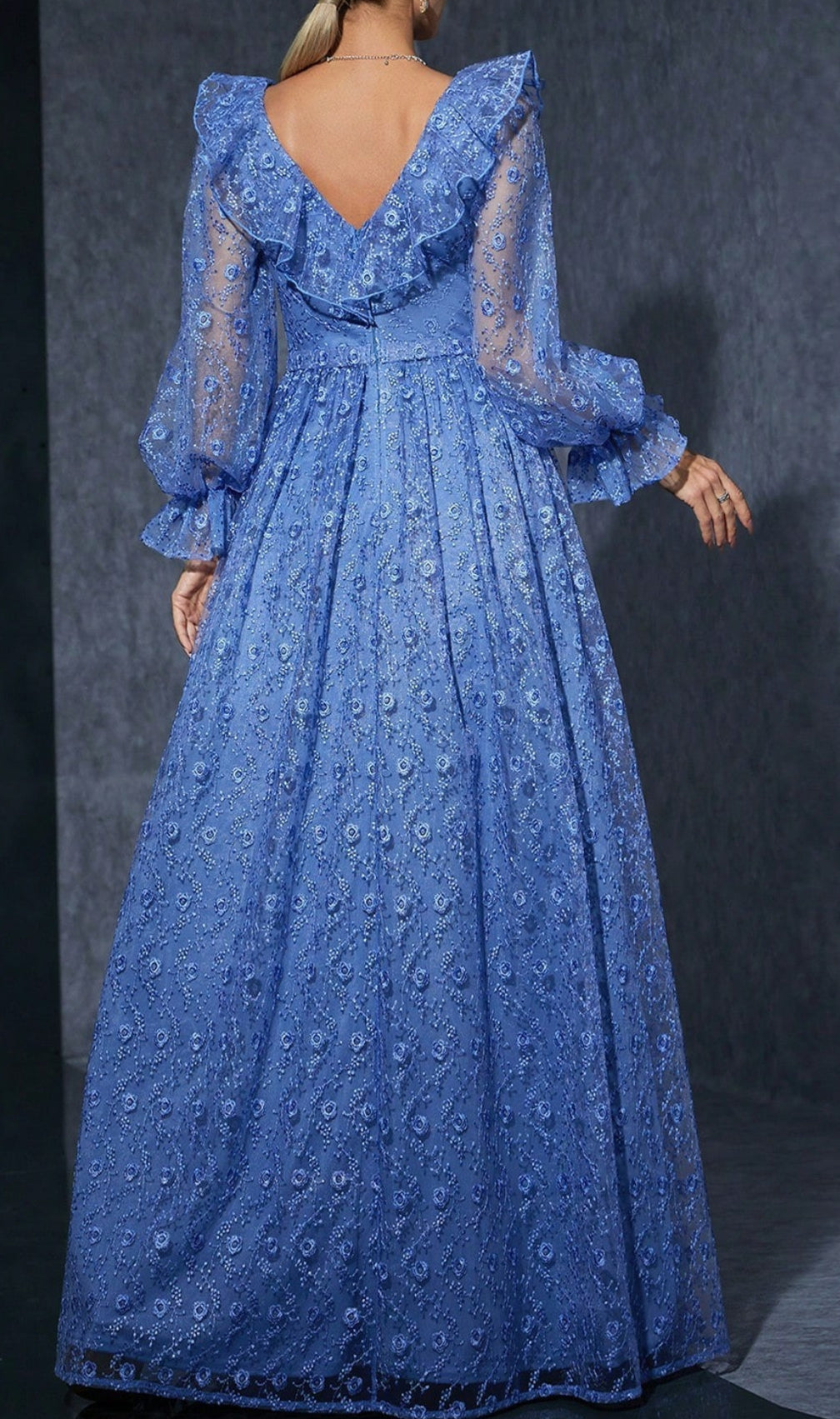 Doe Blue Floral Embroidery Long Sleeve Maxi Dress