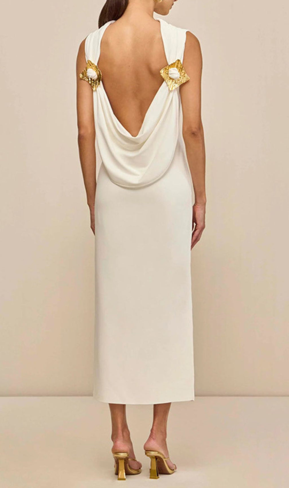 Ida White Backless Midi Dress: Ethereal Elegance with Golden Shoulder Detail