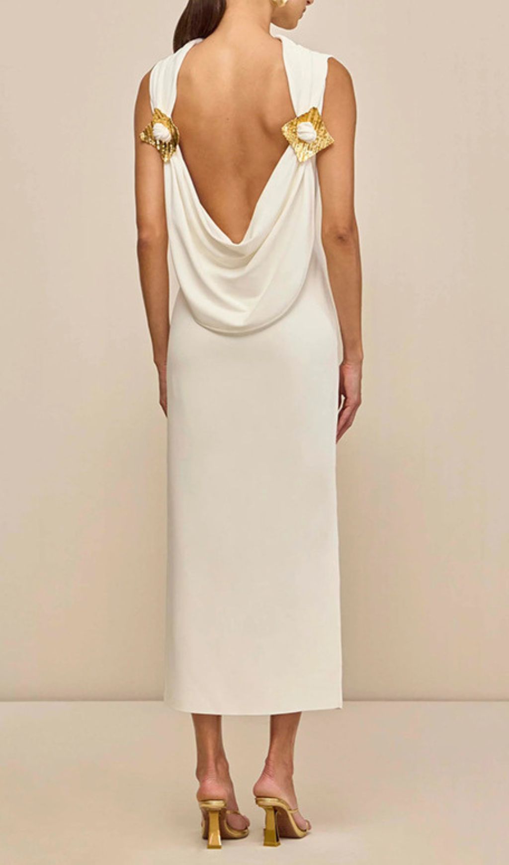 Ida White Backless Midi Dress: Ethereal Elegance with Golden Shoulder Detail