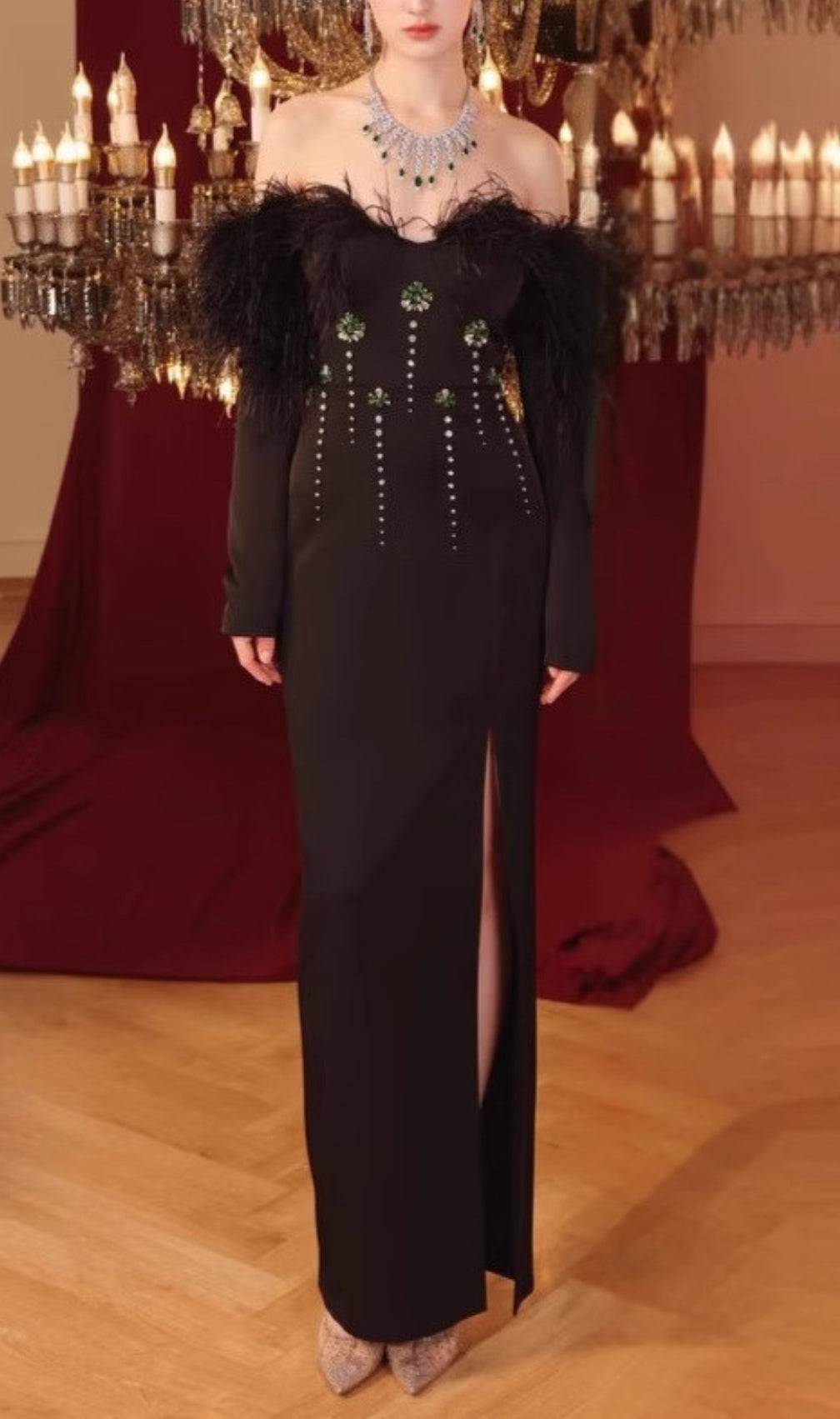 Chaya Black Feather Long Sleeve Maxi Dress
