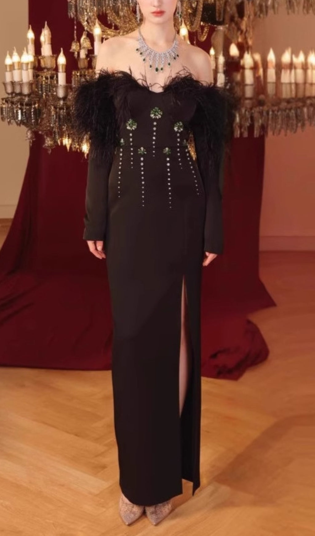 Chaya Black Feather Long Sleeve Maxi Dress