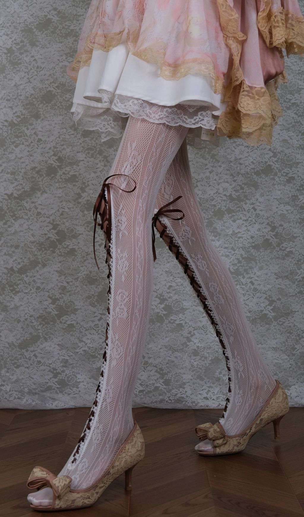 White Lace & Brown Lace-up Tights