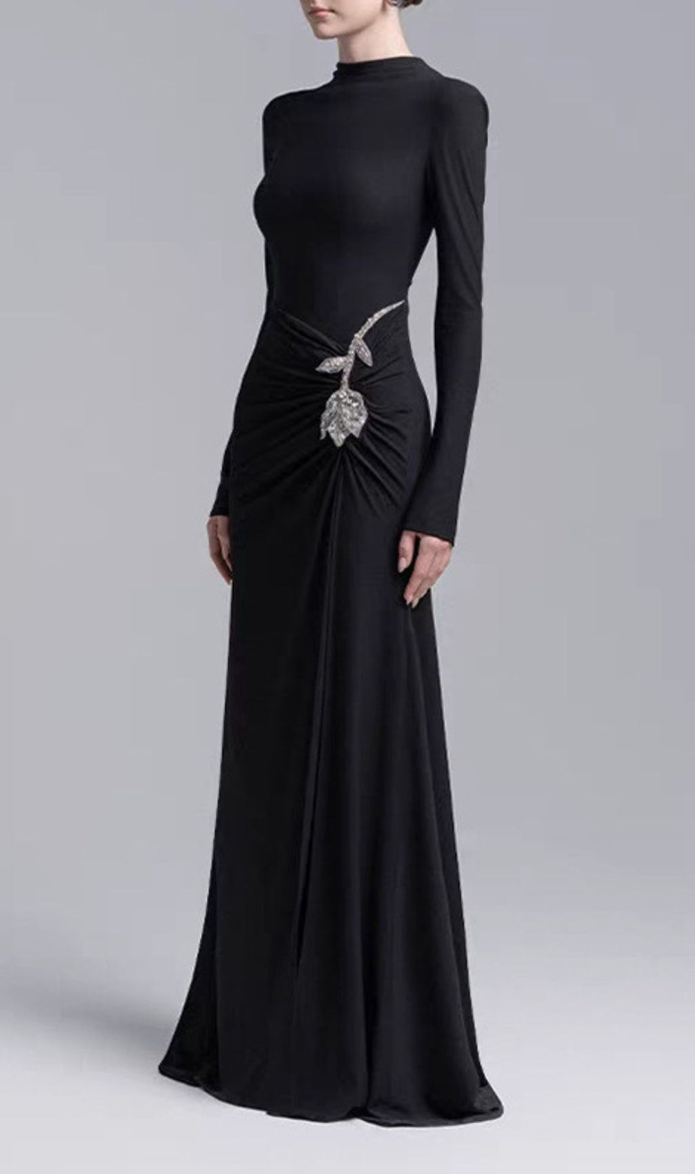 Elegant Merlot Ruched Long Sleeve Maxi Dress with Crystal Flower Embellishment