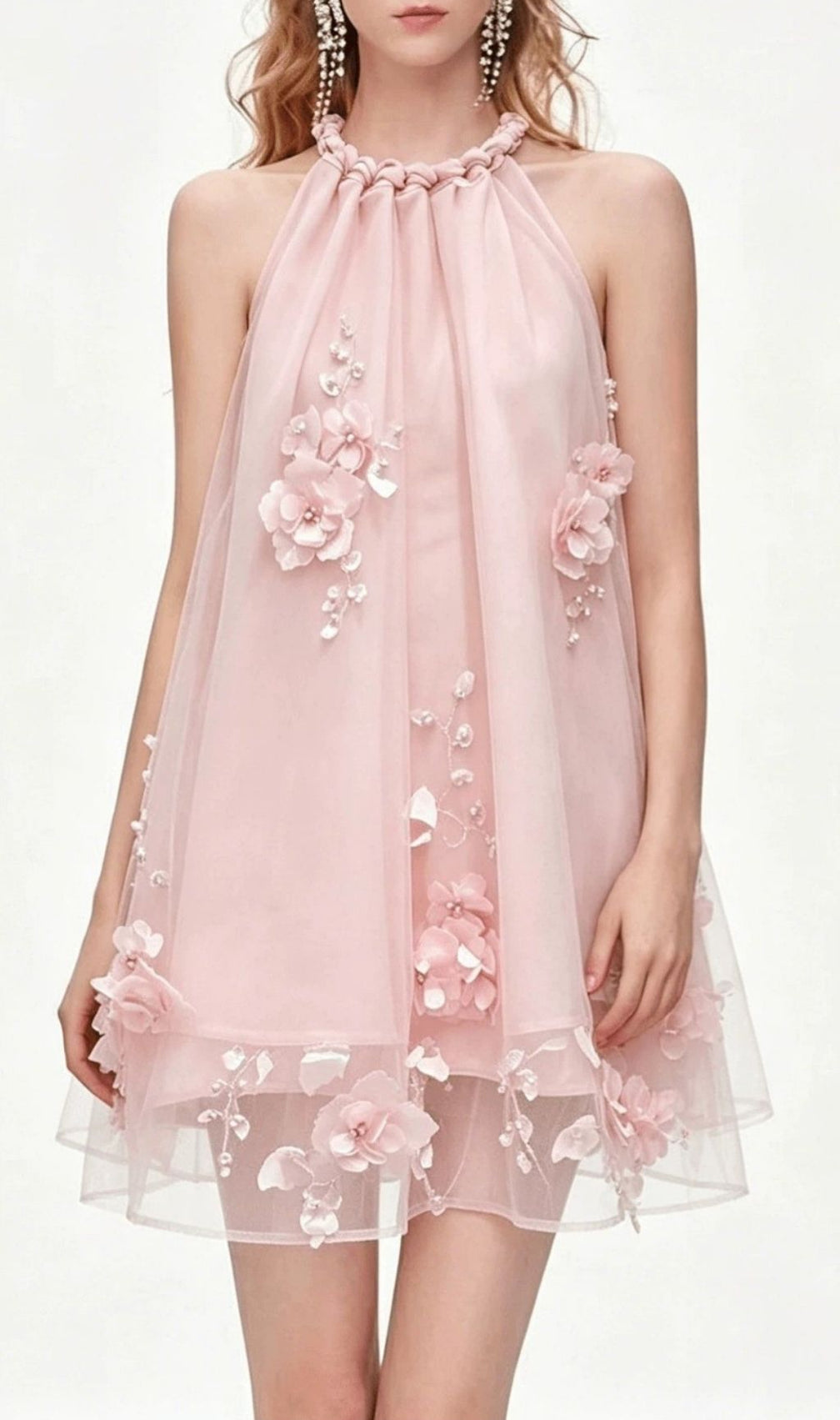 Kiku Halter 3D Floral Mini Dress - Ethereal Pink Party Frock