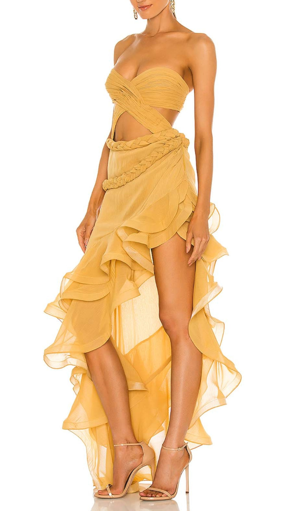 Ruffle Thigh Slit Maxi Dress In Light Orange