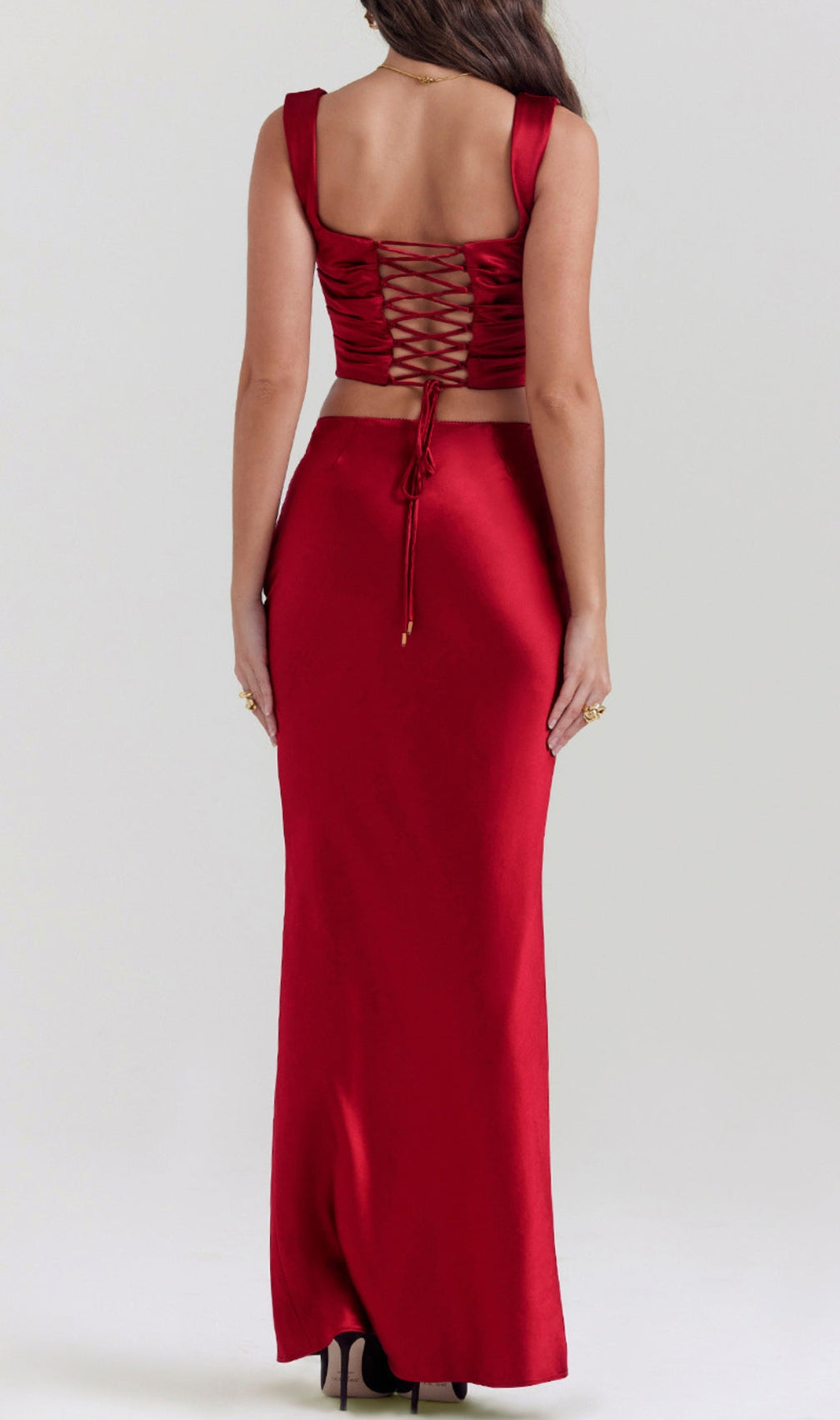 Satin Ruched Two Pieces Set In Red