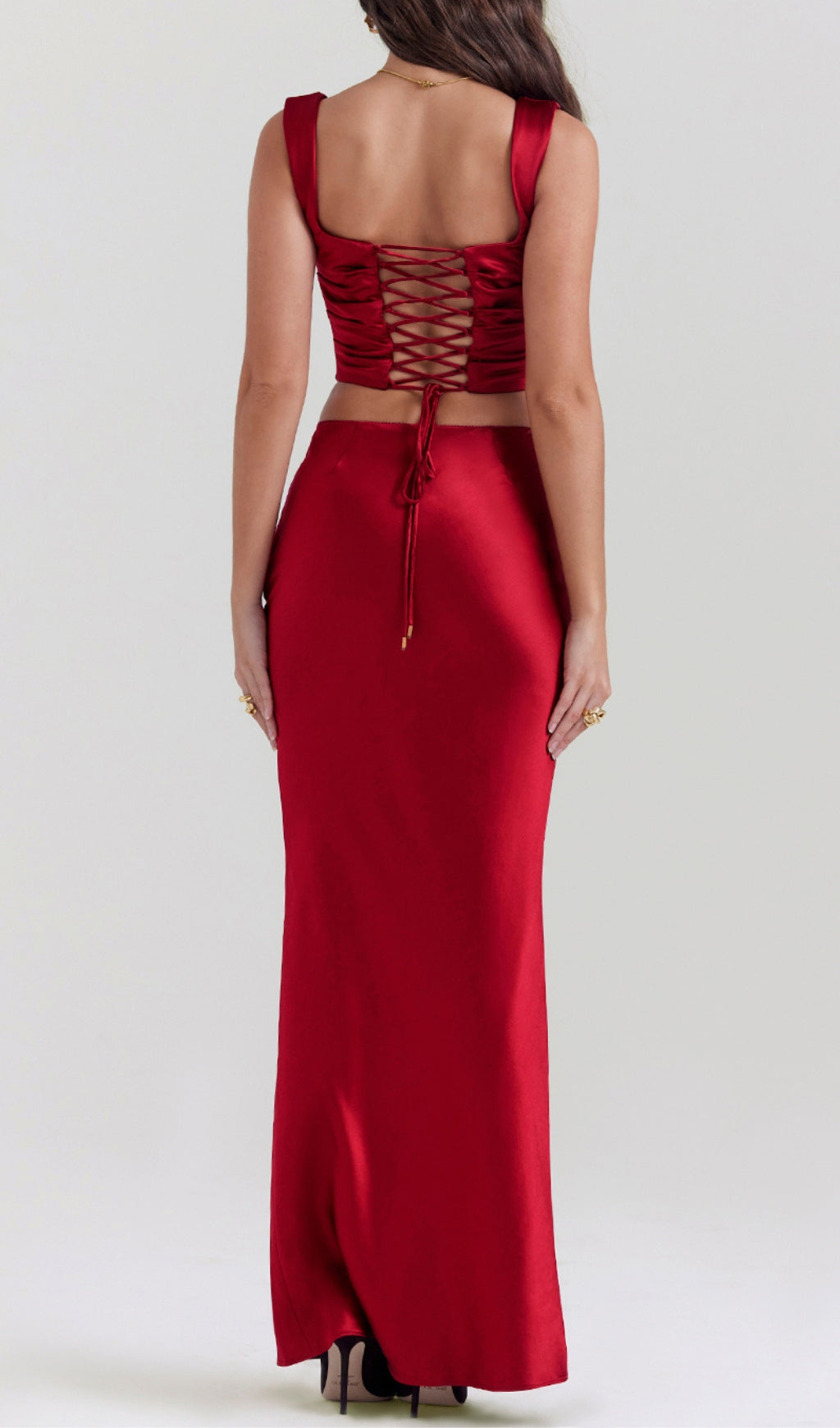 Satin Ruched Two Pieces Set In Red