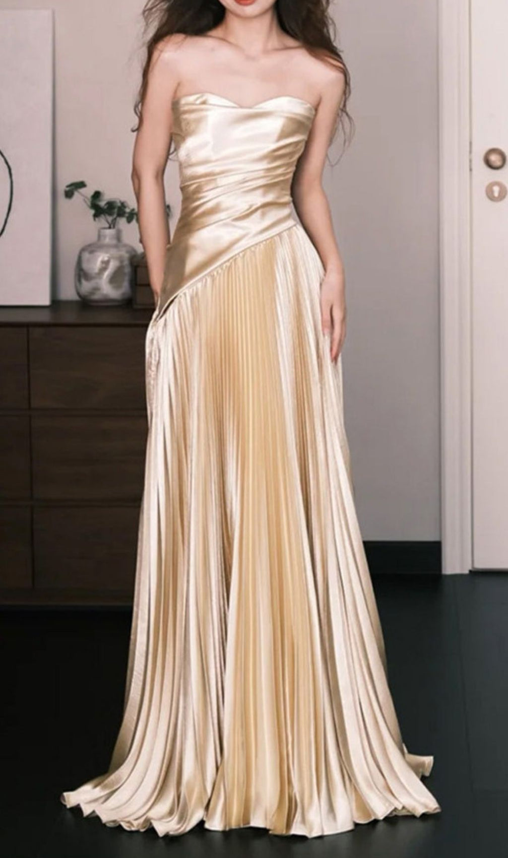 Kristy Gold Strapless Pleated Maxi Dress