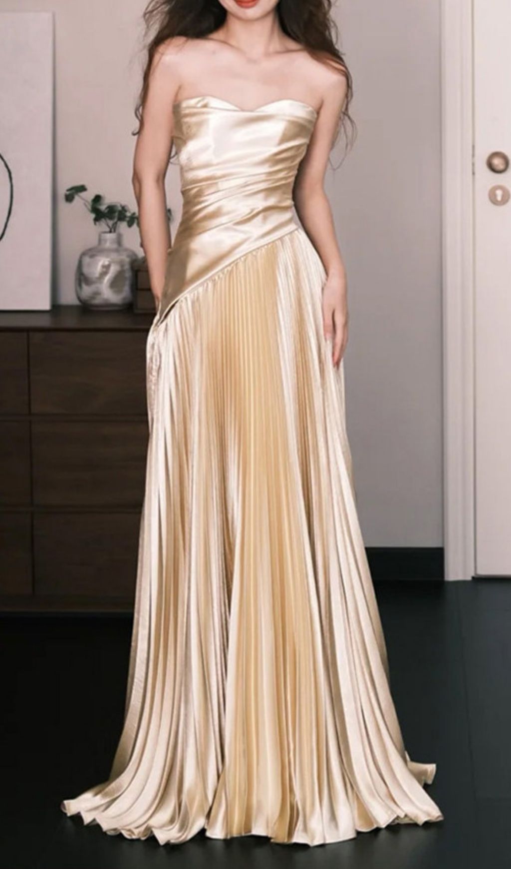 Kristy Gold Strapless Pleated Maxi Dress